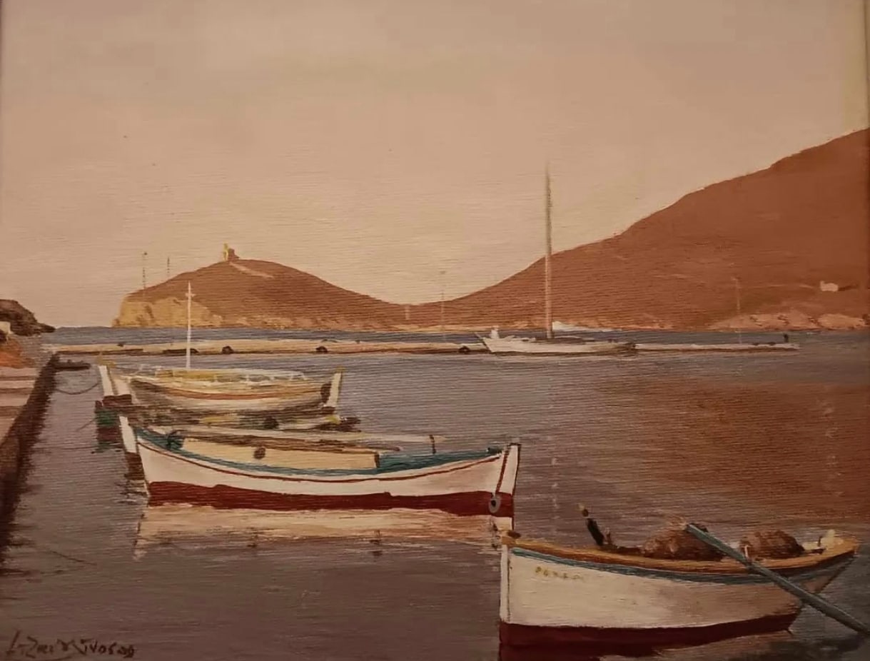 Ζωγραφικός πίνακας με βάρκες σε θερμό, φωτεινό λιμάνι.